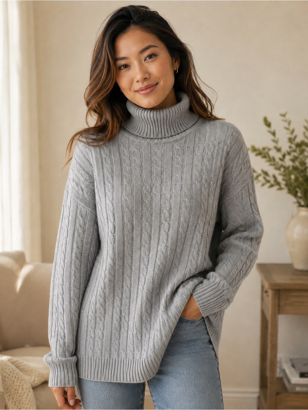 Ralph Lauren Light Gray Cable-Knit Cashmere Turtleneck Sweater